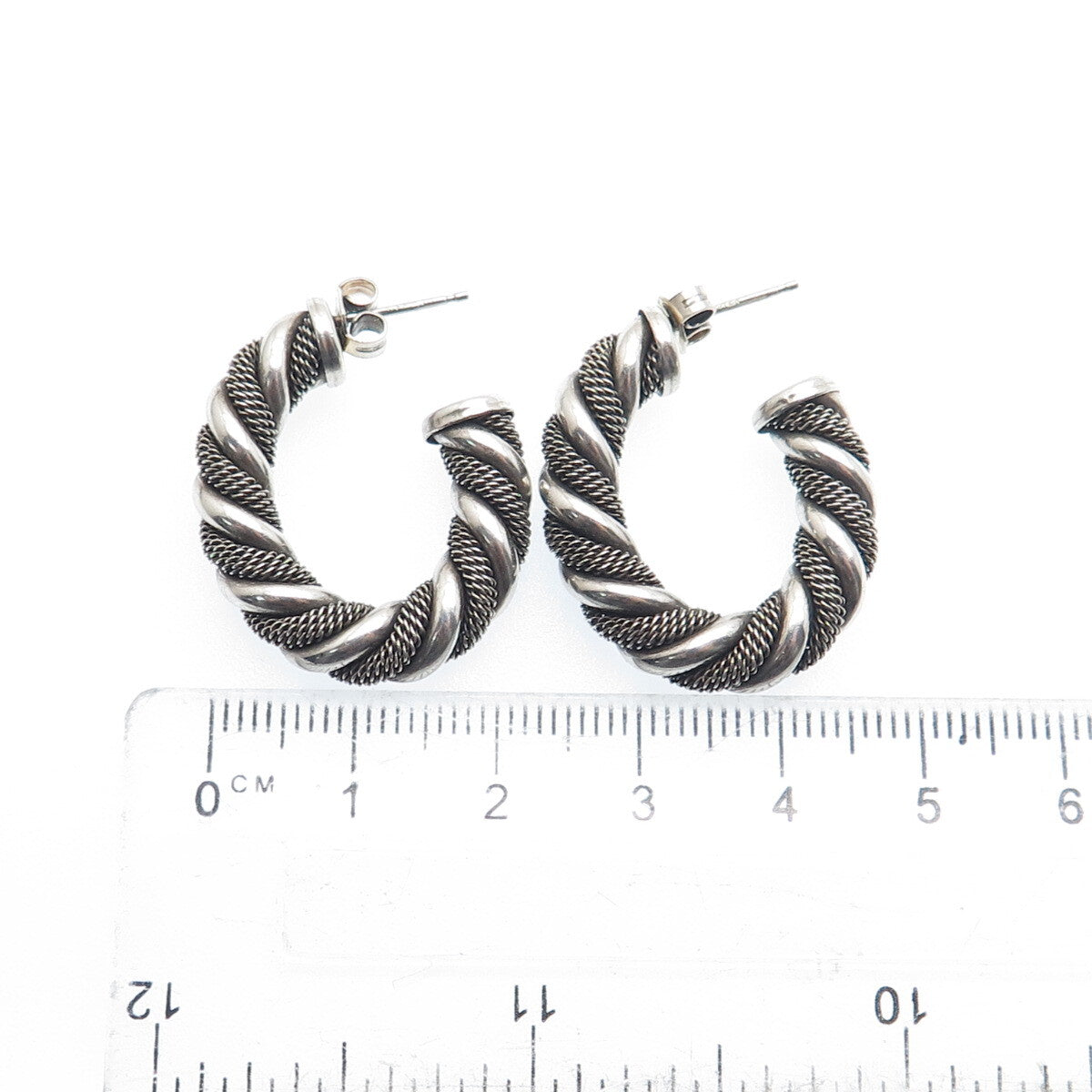 925 Sterling Silver Vintage Twisted Mesh Hoop Oxidized Earrings