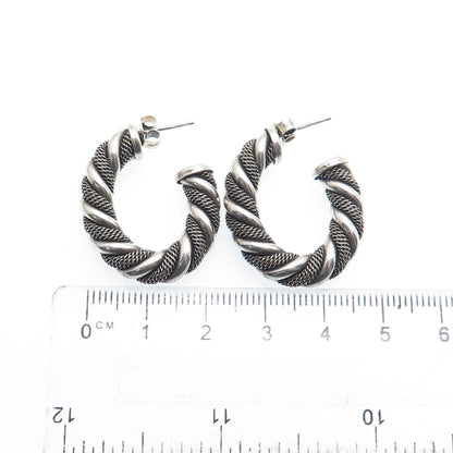 925 Sterling Silver Vintage Twisted Mesh Hoop Oxidized Earrings