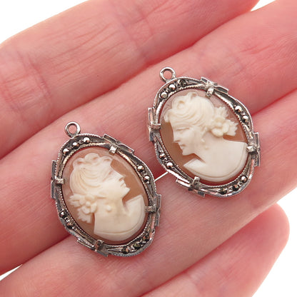 925 Sterling Silver Antique Art Deco MOP & Marcasite Lady Cameo Jacket Earrings