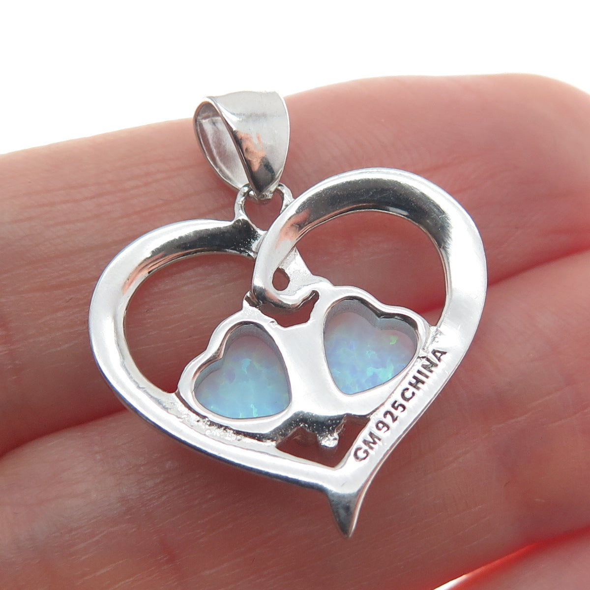 925 Sterling Silver Real Opal Gemstone Open Heart Pendant