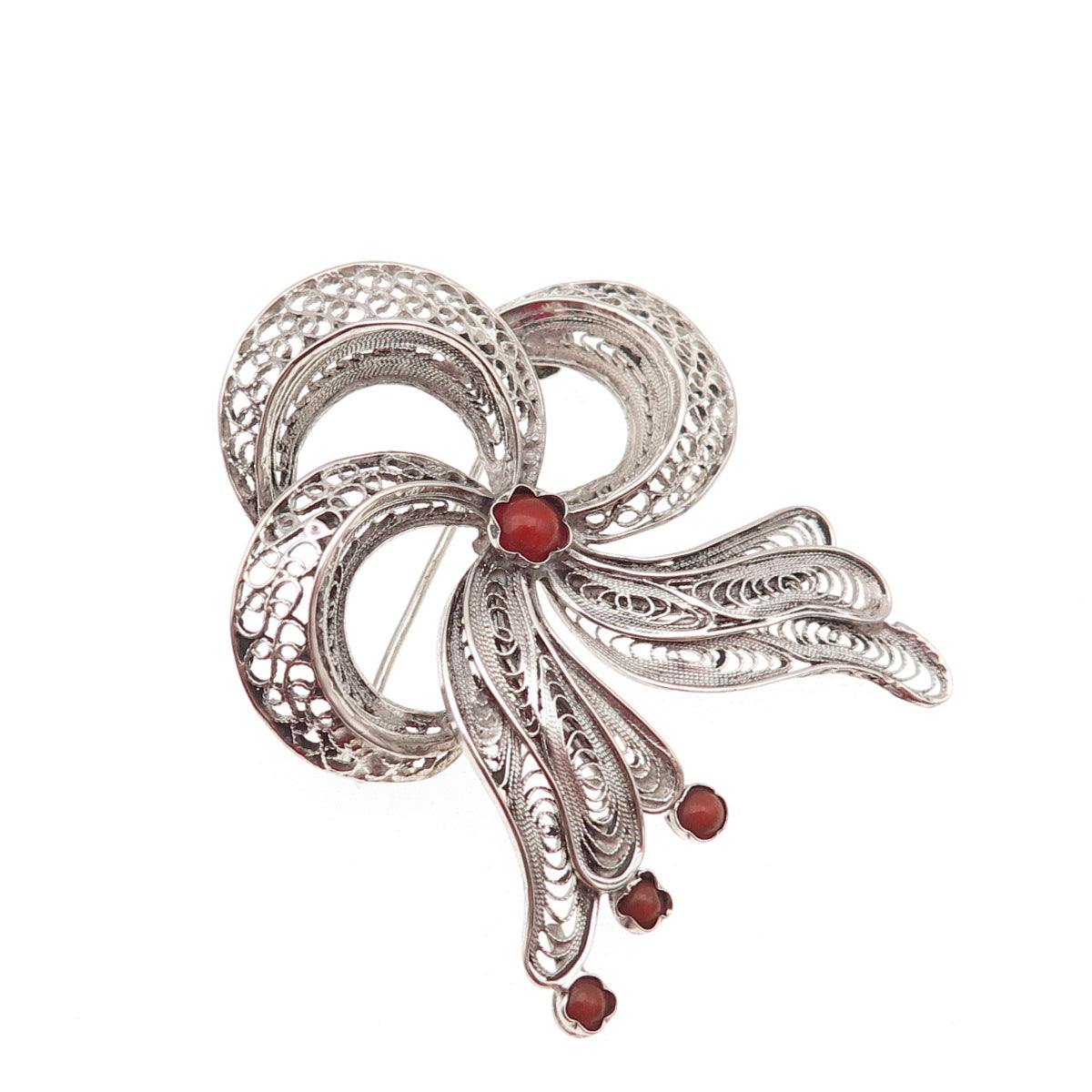 800 Silver Antique Art Deco Real Coral Floral Filigree Pin Brooch