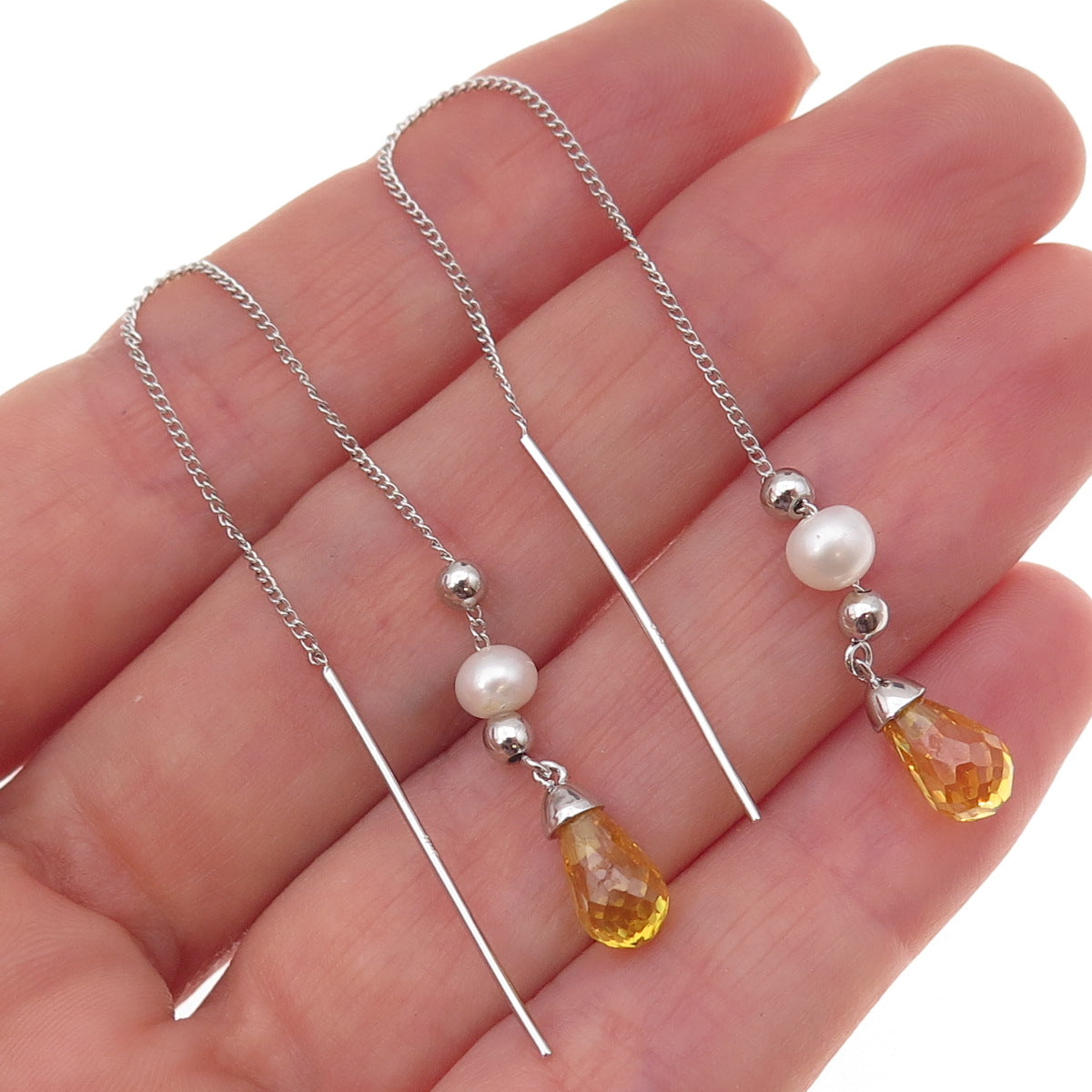 925 Sterling Silver Vintage Real Pearl & Citrine Chain Drop Dangle Earrings