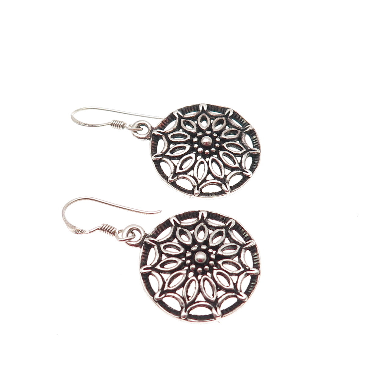 925 Sterling Silver Vintage Floral Oxidized Dangle Earrings