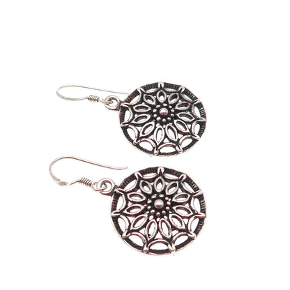 925 Sterling Silver Vintage Floral Oxidized Dangle Earrings