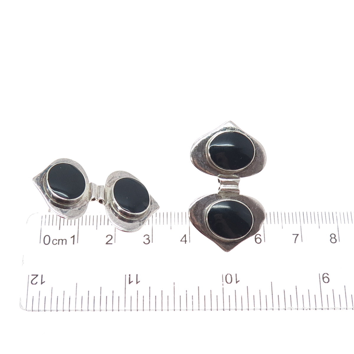 925 Sterling Silver Vintage Real Black Onyx Modernist Heart Oxidized Earrings