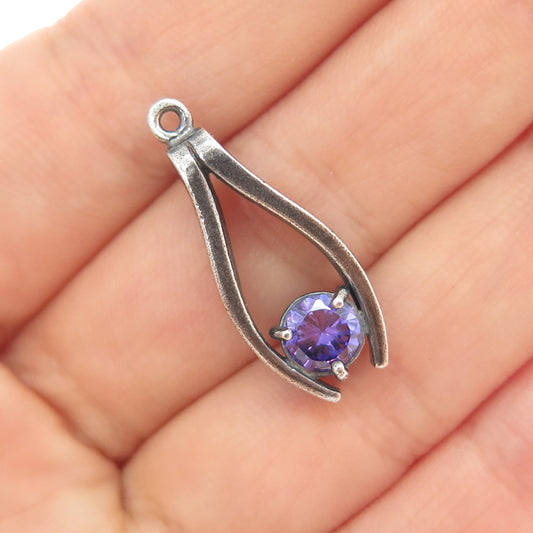 925 Sterling Silver Vintage Real Amethyst Modernist Oxidized Charm Pendant