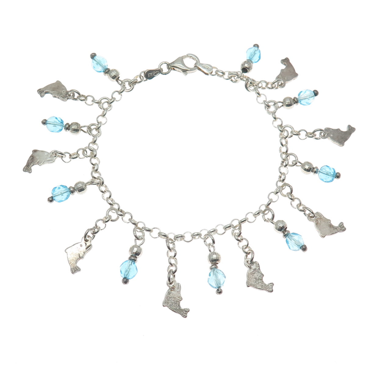 925 Sterling Silver Vintage Italy Crystal Dolphin Charm Rolo Link Bracelet 7"