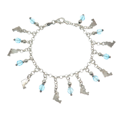 925 Sterling Silver Vintage Italy Crystal Dolphin Charm Rolo Link Bracelet 7"