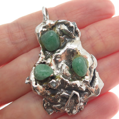 925 Sterling Silver Vintage Real Aventurine Modernist Brutalist Oxidized Pendant