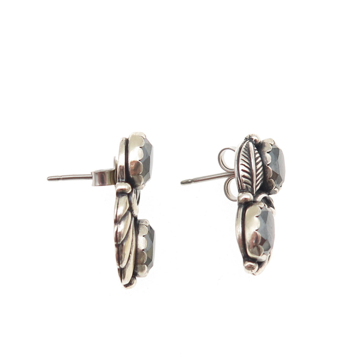 Wheeler Mfg Old Pawn Sterling Silver Vintage Hematite Floral Oxidized Earrings