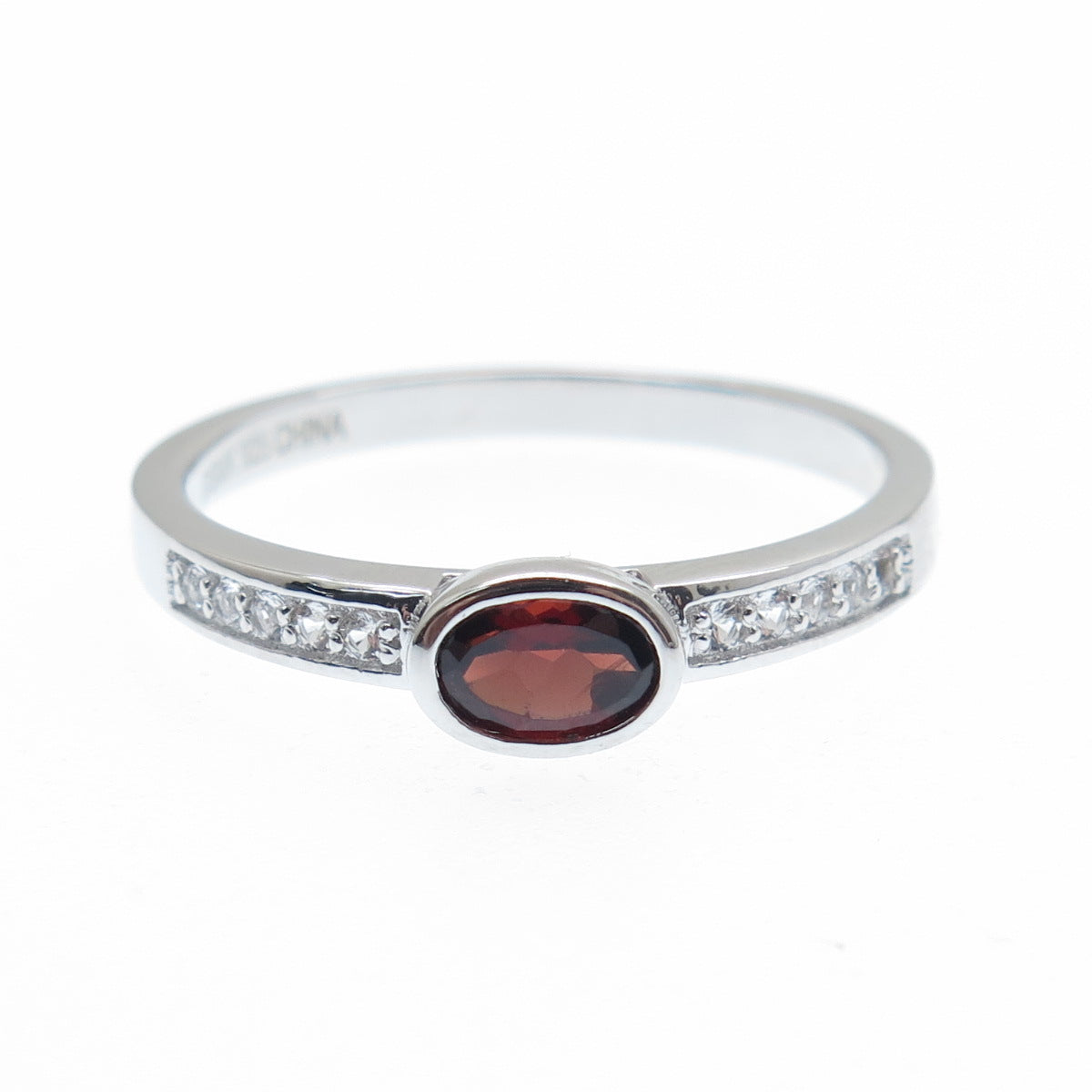 DSMK 925 Sterling Silver Real Red Garnet & White Topaz Ring Size 9.25