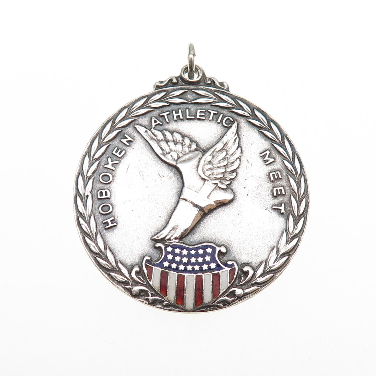 925 Sterling Silver Antique Art Deco Enamel Hoboken Athletic Meet Medal Pendant