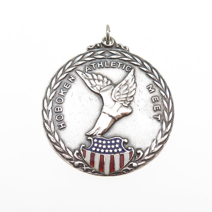925 Sterling Silver Antique Art Deco Enamel Hoboken Athletic Meet Medal Pendant