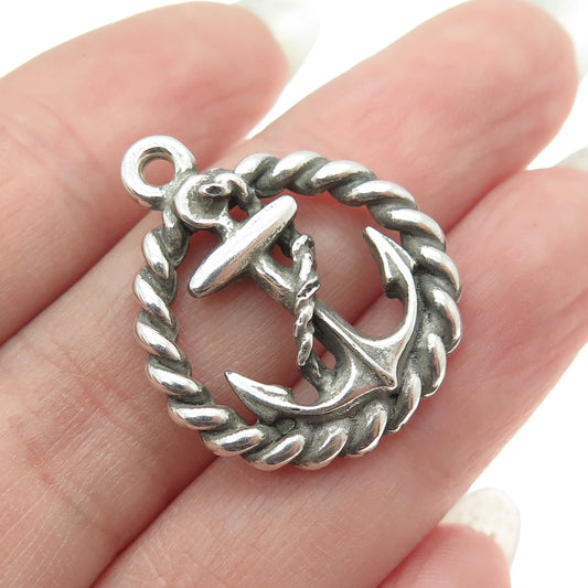 925 Sterling Silver Vintage Navy Anchor Roped Round Charm Pendant