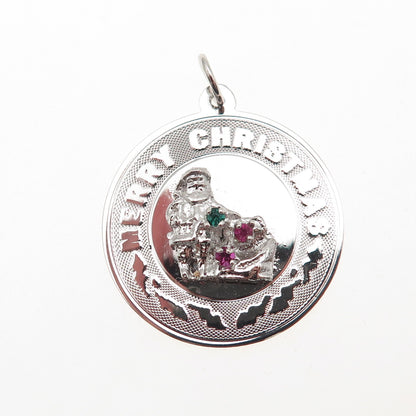 925 Sterling Silver Vintage Rhinestone Santa Merry Christmas Charm Pendant
