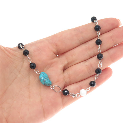 925 Sterling Silver Vintage Black & White Onyx Carnelian Turquoise Necklace 16"