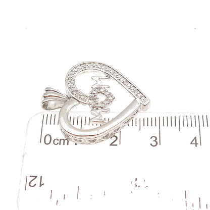 925 Sterling Silver Real Round-Cut Diamond Mom Heart Charm Pendant
