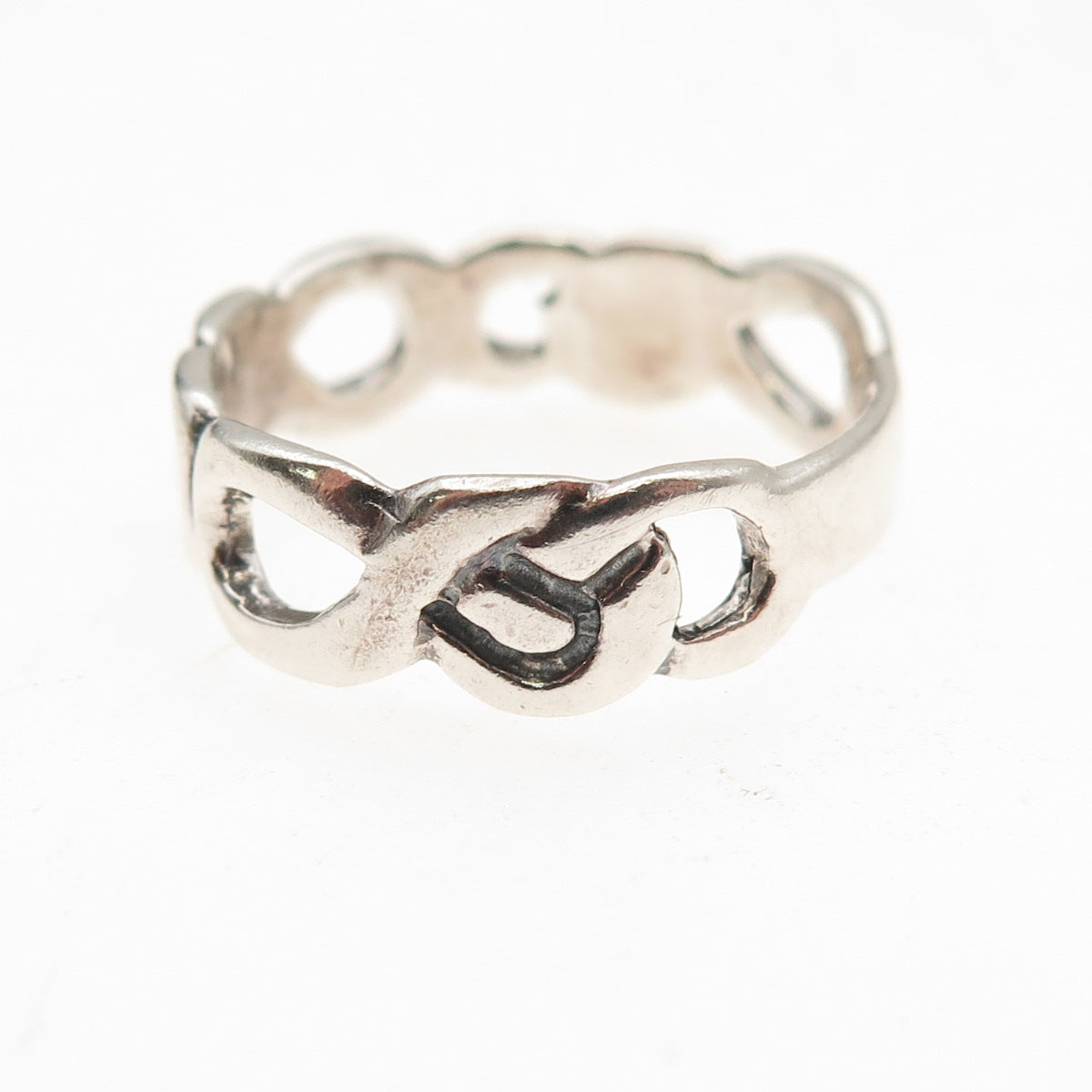 925 Sterling Silver Vintage Modernist Infinity Link Oxidized Ring Size 8.75