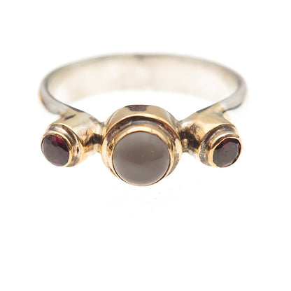 925 Sterling Silver 2-Tone Vintage Real Moonstone & Red Garnet Ring Size 9.25