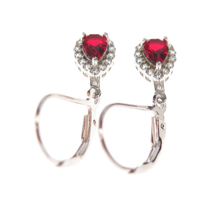 DSMK 925 Sterling Silver Real Red Garnet & C Z Teardrop Dangle Earrings