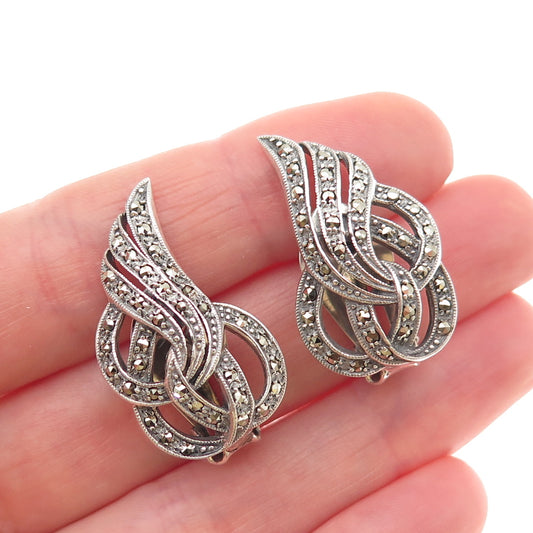 925 Sterling Silver Vintage Real Marcasite Swirl Omega Back Earrings