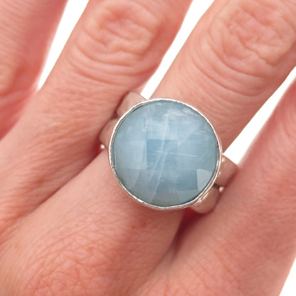 925 Sterling Silver Vintage Real Milky Aquamarine Modernist Oxidized Ring Size 9
