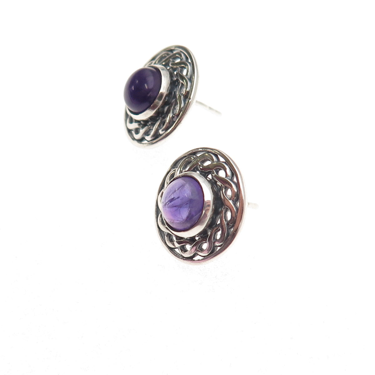 925 Sterling Silver Vintage Real Amethyst Celtic Woven Oxidized Earrings