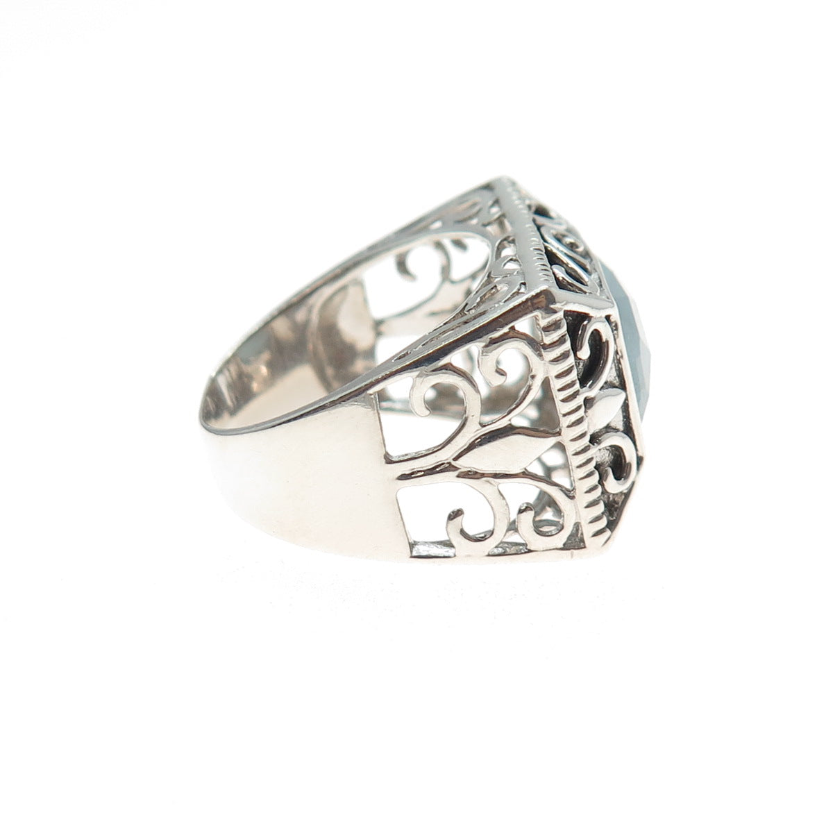 925 Sterling Silver Vintage Real Aquamarine Swirl Oxidized Ring Size 7