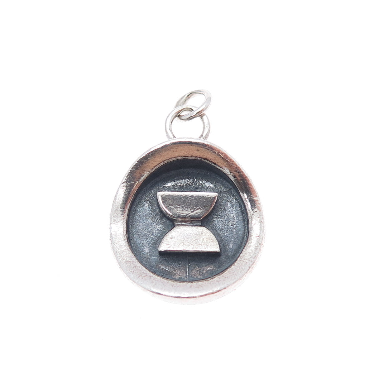 925 Sterling Silver Vintage Modernist Hourglass Oxidized Charm Pendant