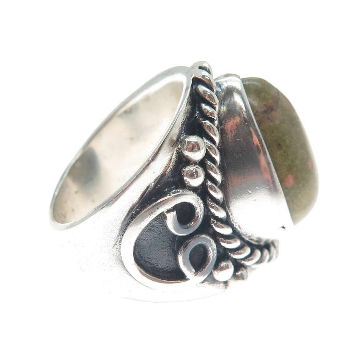 925 Sterling Silver Vintage Real Pear-Cut Unakite Heart Oxidized Ring Size 8.75