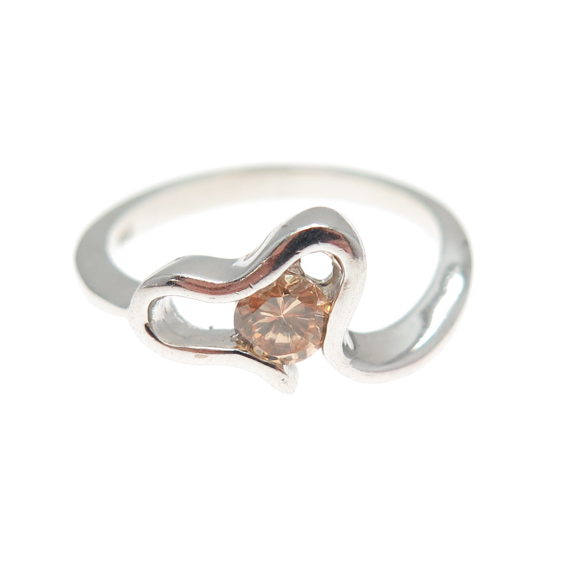 925 Sterling Silver Round-Cut Champagne C Z Modernist Heart Ring Size 7.75