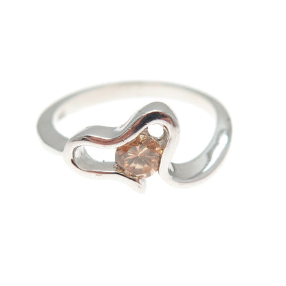 925 Sterling Silver Round-Cut Champagne C Z Modernist Heart Ring Size 7.75