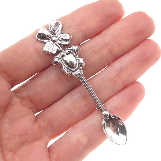 925 Sterling Silver Antique Art Deco Clover Salt & Spices Spoon Pin Brooch