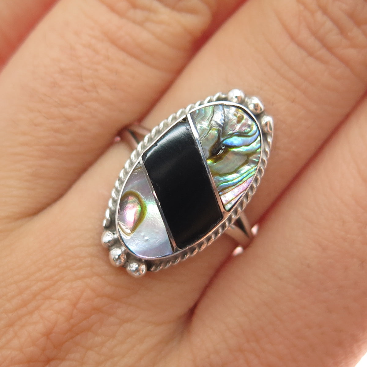 925 Sterling Silver Vintage Mexico Real Black Onyx Abalone Shell Ring Size 8.75