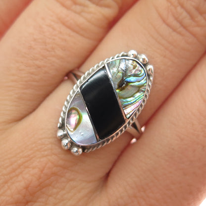 925 Sterling Silver Vintage Mexico Real Black Onyx Abalone Shell Ring Size 8.75