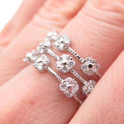 925 Sterling Silver Round-Cut C Z 3-Row Floral Ring Size 7