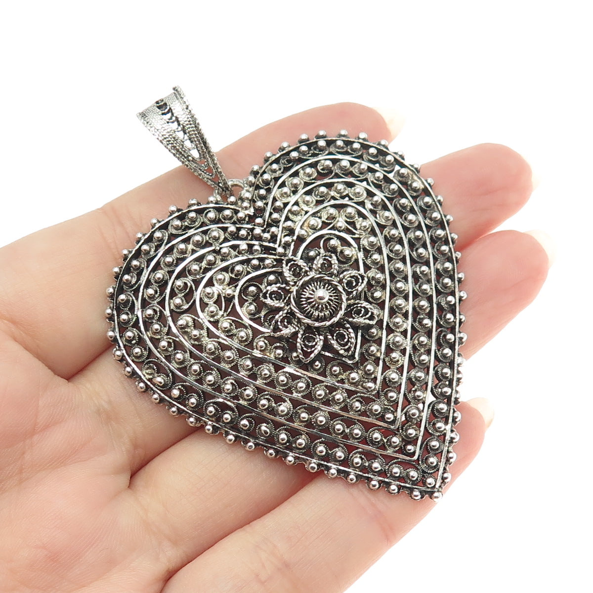 925 Sterling Silver Antique Art Deco Cannetille Heart Oxidized Pendant