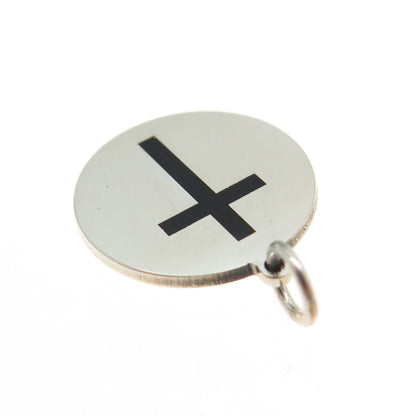 925 Sterling Silver Black Enamel Cross Round Tag Minimalist Charm Pendant