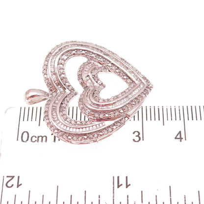 Sun 925 Sterling Silver Real Round & Tapered Baguette-Cut Diamond Heart Pendant