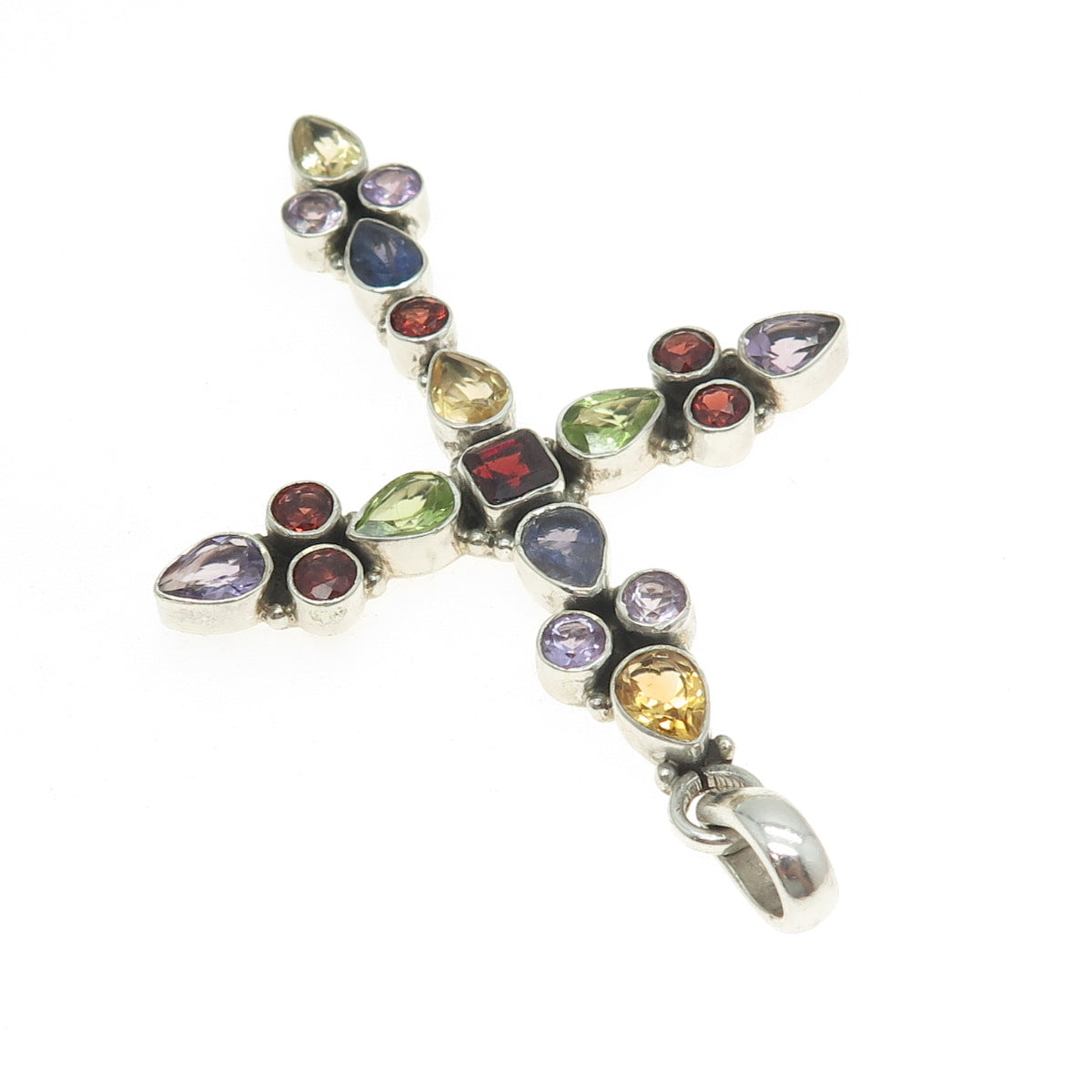 925 Sterling Silver Vintage Amethyst Garnet Citrine Peridot Iolite Cross Pendant