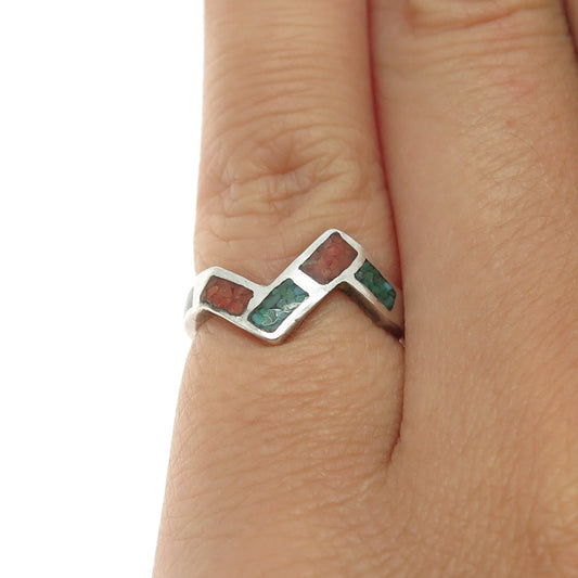 Old Pawn 925 Sterling Silver Southwestern Turquoise Coral Inlay Ring Size 3.5