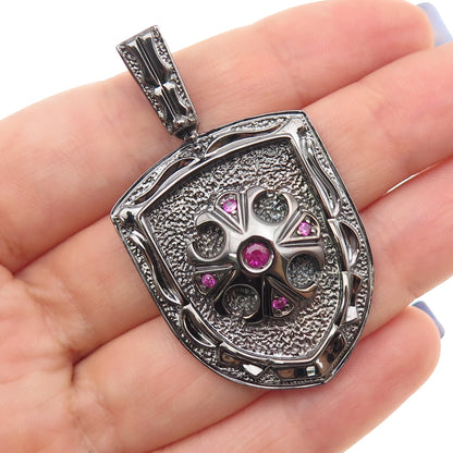 JOLUSA 925 Sterling Silver Black Rhodium Real Pink Sapphire Cross Pendant