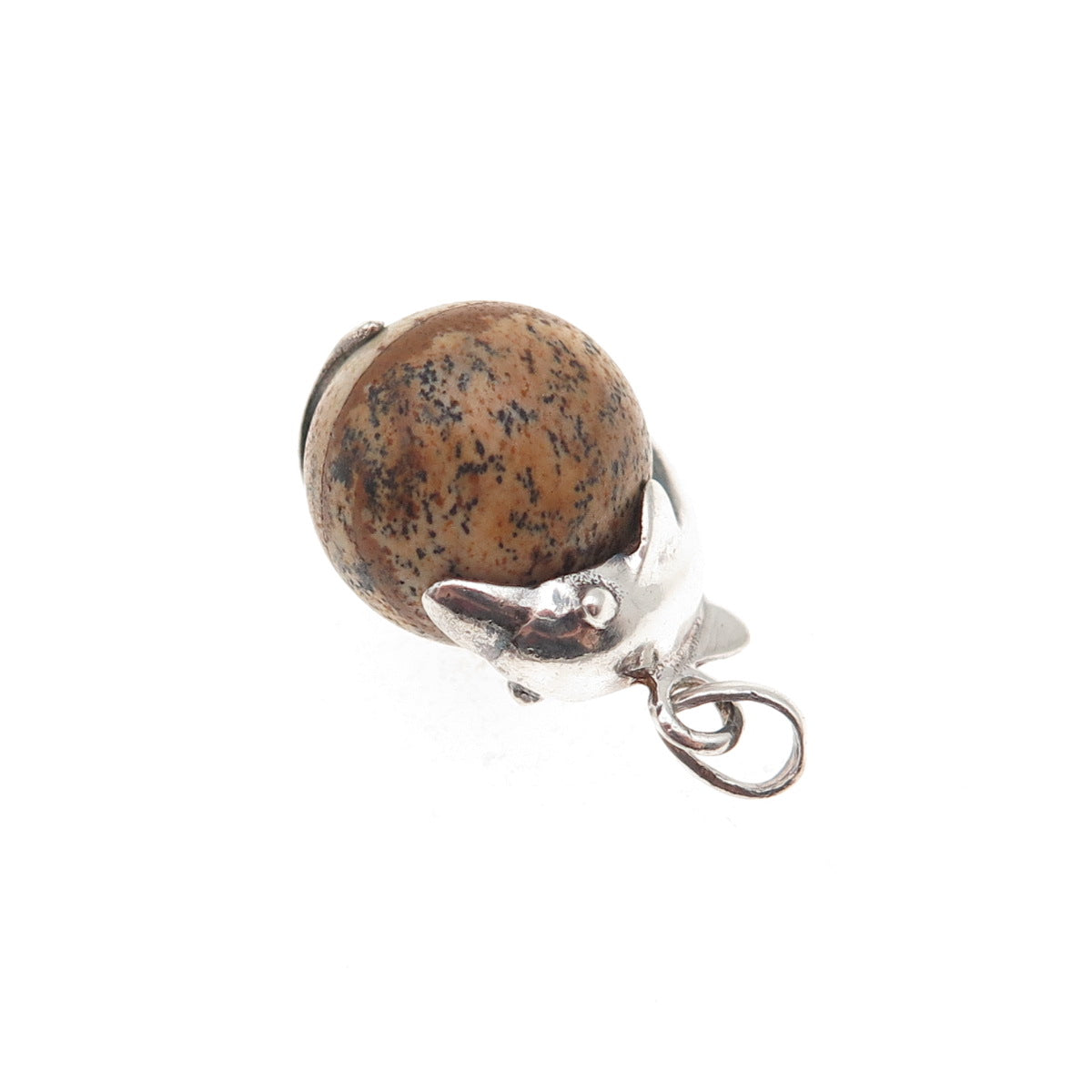 925 Sterling Silver Vintage Real Jasper Dolphin Mini Charm Pendant