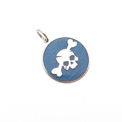 925 Sterling Silver Blue Enamel Skull & Bone Round Tag Mini Charm Pendant