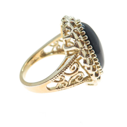 HN HENG NGAI Sterling Silver Gold Plated Vintage Real Black Onyx Ring Size 9.25