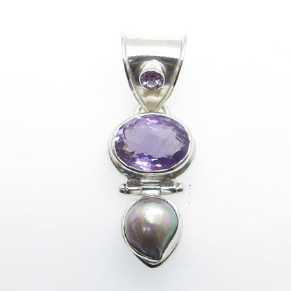 925 Sterling Silver Vintage Real Abalone Shell & Amethyst Gemstone Pendant