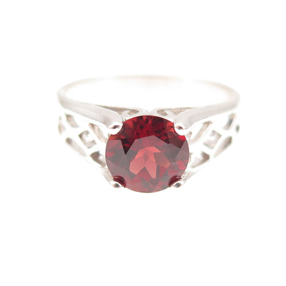 925 Sterling Silver Vintage Real Round-Cut Red Garnet & C Z Ring Size 7