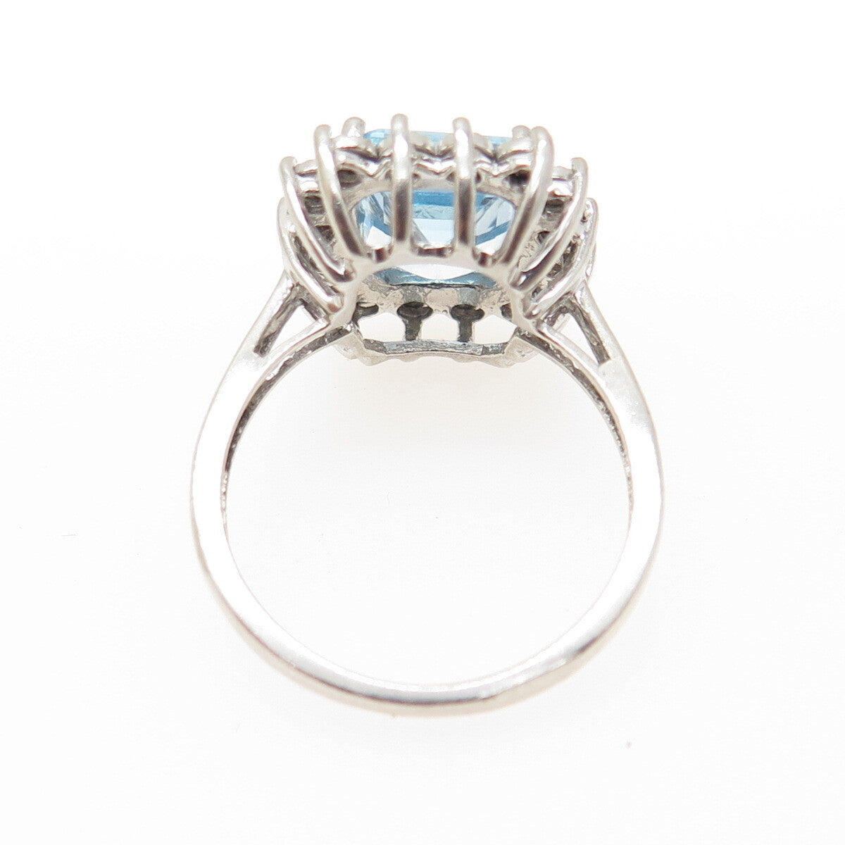 925 Sterling Silver Real Diamond Accent & Emerald-Cut Blue Topaz Ring Size 7.25