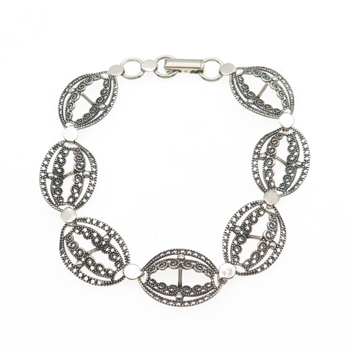 BEAU Sterling Silver Antique Art Deco Petal Filigree Oxidized Link Bracelet 7"