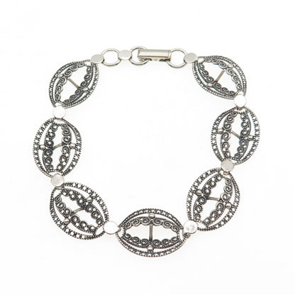 BEAU Sterling Silver Antique Art Deco Petal Filigree Oxidized Link Bracelet 7"